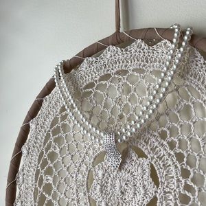 Vintage Carolee Double Strand Pearl Clear Rhinestone Pendant Choker Necklace